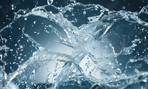 Slow-motion capture of a water explosion, with droplets and splashes moving gracefully and fluid arcs forming in the air photo