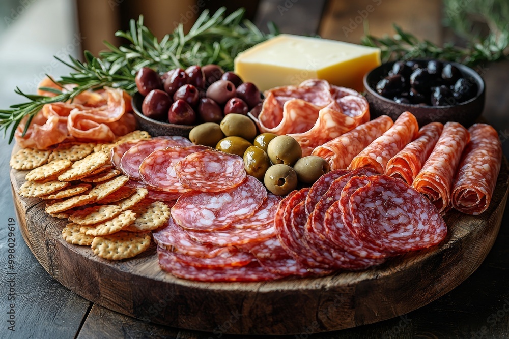 Antipasto platter with prosciutto crudo or jamon, ham, salami, cheese, olives and grapes. Elegant charcuterie board with a variety of cured meat. Antipasto platter with prosciutto crudo or jamon, ham, salami, cheese, olives and grapes. Elegant charcuterie board with a variety of cured meat.