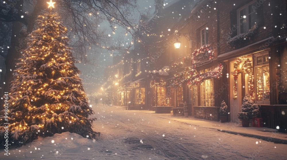 White Christmas scene with snow falling gently on a small town square, decorated tree and cozy lights in shop windows White Christmas scene with snow falling gently on a small town square, decorated tree and cozy lights in shop windows