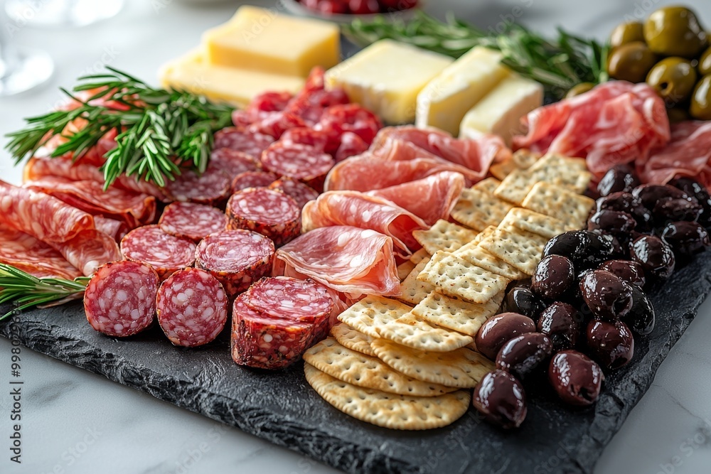 Antipasto platter with prosciutto crudo or jamon, ham, salami, cheese, olives and grapes. Elegant charcuterie board with a variety of cured meat. Antipasto platter with prosciutto crudo or jamon, ham, salami, cheese, olives and grapes. Elegant charcuterie board with a variety of cured meat.