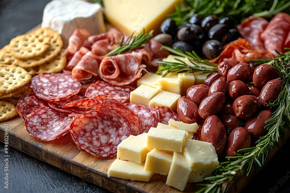 Antipasto platter with prosciutto crudo or jamon, ham, salami, cheese, olives and grapes. Elegant charcuterie board with a variety of cured meat. Antipasto platter with prosciutto crudo or jamon, ham, salami, cheese, olives and grapes. Elegant charcuterie board with a variety of cured meat.