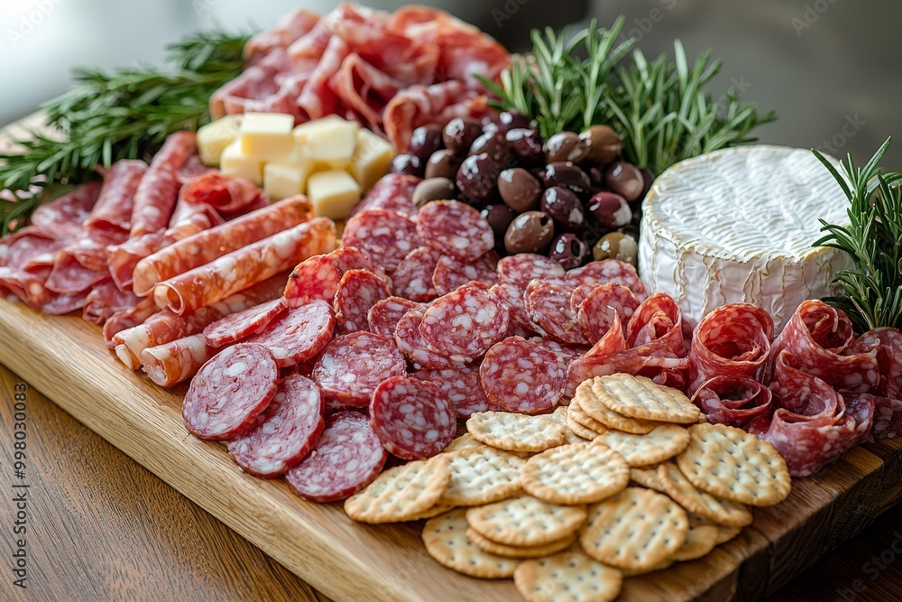 Antipasto platter with prosciutto crudo or jamon, ham, salami, cheese, olives and grapes. Elegant charcuterie board with a variety of cured meat. Antipasto platter with prosciutto crudo or jamon, ham, salami, cheese, olives and grapes. Elegant charcuterie board with a variety of cured meat.