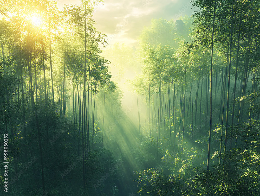 Obraz premium a sunlit forest with tall bamboo stalks, and a clear blue sky.