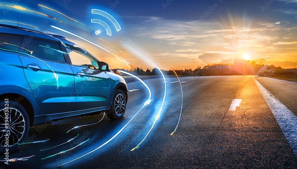 A blue car drives on an open road at sunset, surrounded by glowing digital lines representing technology and connectivity. A blue car drives on an open road at sunset, surrounded by glowing digital lines representing technology and connectivity.