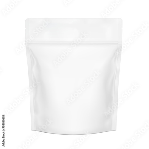 Realistic stand up pouch bag with zip lock mockup with transparent shadow. Front view. Vector illustration isolated on white background. Ready for your design. EPS10.