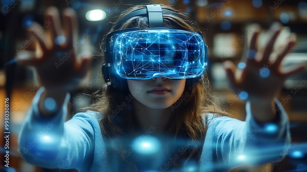 School student with VR headset using AI artificial intelligence technology & machine learning. Interactive technology in classroom. Innovation & smart tech. AI blue hologram in education School student with VR headset using AI artificial intelligence technology & machine learning. Interactive technology in classroom. Innovation & smart tech. AI blue hologram in education