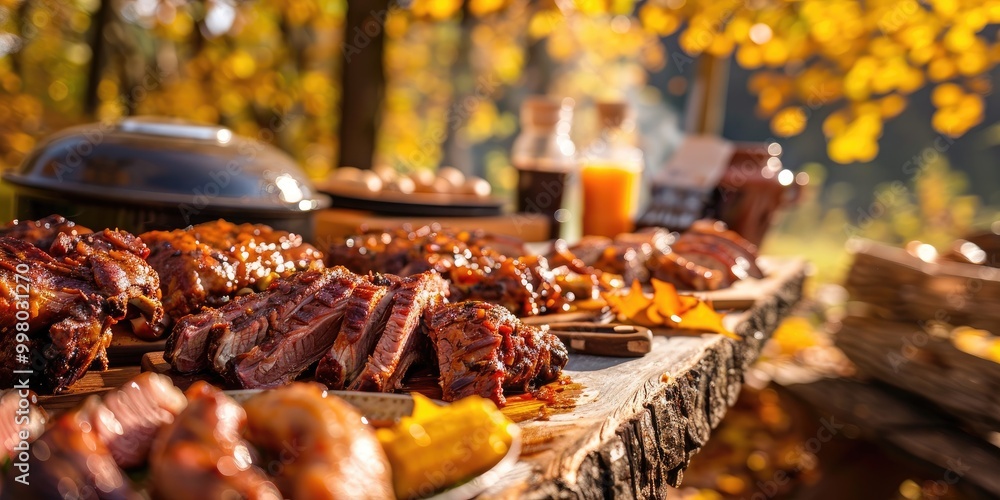 Southern BBQ Feast on a Picnic Table with Autumn Leaves in the Background Southern BBQ Feast on a Picnic Table with Autumn Leaves in the Background