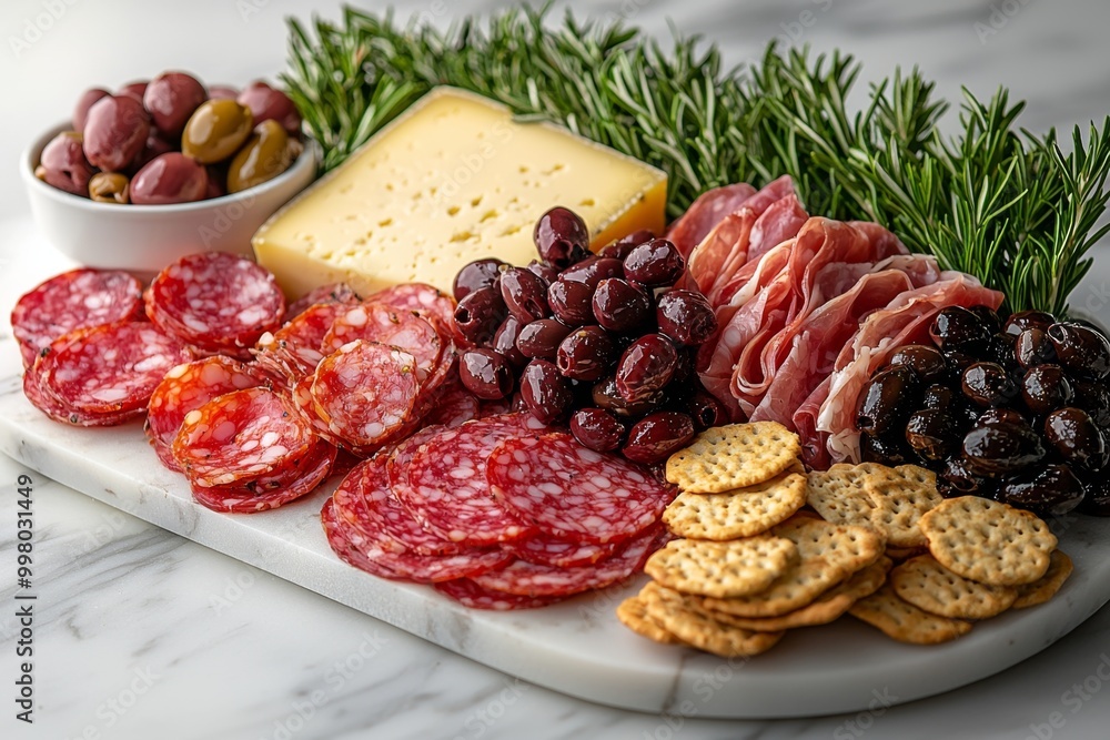 Antipasto platter with prosciutto crudo or jamon, ham, salami, cheese, olives and grapes. Elegant charcuterie board with a variety of cured meat. Antipasto platter with prosciutto crudo or jamon, ham, salami, cheese, olives and grapes. Elegant charcuterie board with a variety of cured meat.