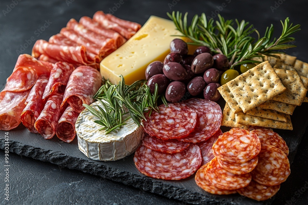 Antipasto platter with prosciutto crudo or jamon, ham, salami, cheese, olives and grapes. Elegant charcuterie board with a variety of cured meat. Antipasto platter with prosciutto crudo or jamon, ham, salami, cheese, olives and grapes. Elegant charcuterie board with a variety of cured meat.