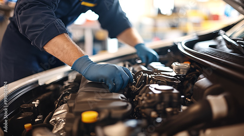 Close-up of a man in blue gloves repairing a car engine