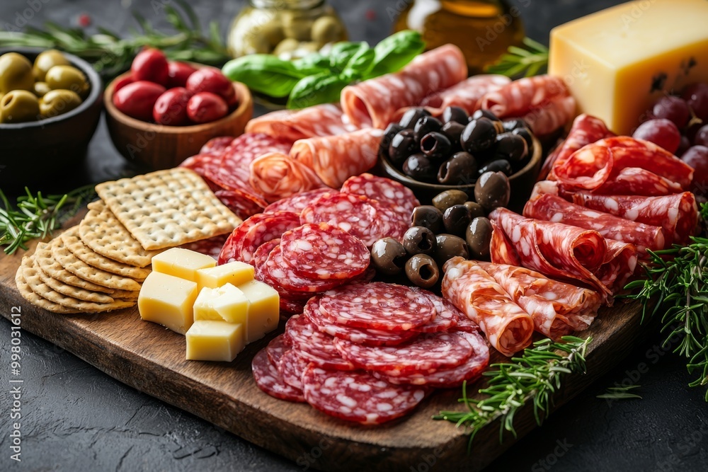 Antipasto platter with prosciutto crudo or jamon, ham, salami, cheese, olives and grapes. Elegant charcuterie board with a variety of cured meat. Antipasto platter with prosciutto crudo or jamon, ham, salami, cheese, olives and grapes. Elegant charcuterie board with a variety of cured meat.