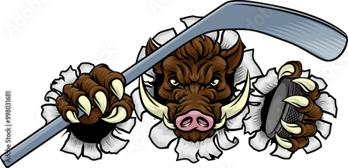 A wild boar, hog razorback warthog pig hockey sports cartoon mascot