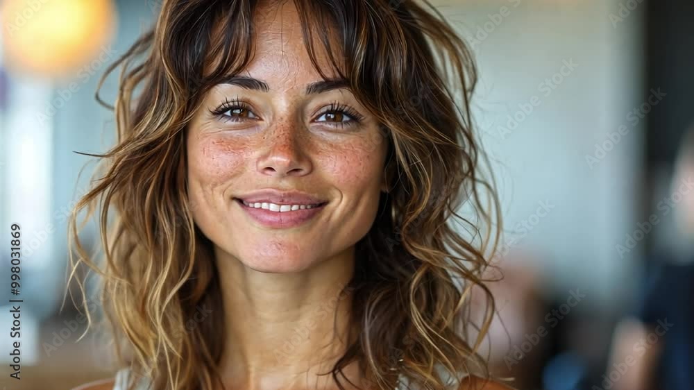 A cheerful woman with wavy hair radiates happiness as she stands in a lively café filled with soft lighting and friendly patrons. A cheerful woman with wavy hair radiates happiness as she stands in a lively café filled with soft lighting and friendly patrons.