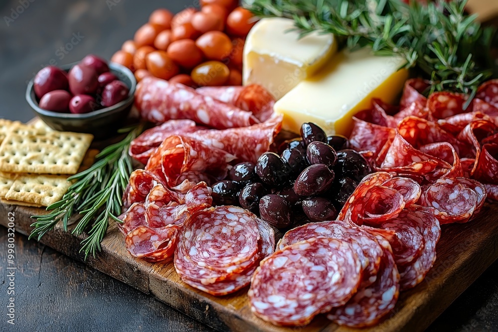 Antipasto platter with prosciutto crudo or jamon, ham, salami, cheese, olives and grapes. Elegant charcuterie board with a variety of cured meat. Antipasto platter with prosciutto crudo or jamon, ham, salami, cheese, olives and grapes. Elegant charcuterie board with a variety of cured meat.