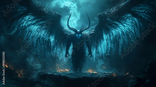 imposing male demon with massive wings and glowing eyes stands tall in a hellish landscape with fire and smoke in the distance