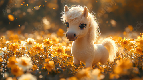 illustration of a cute young horse in a large flower garden