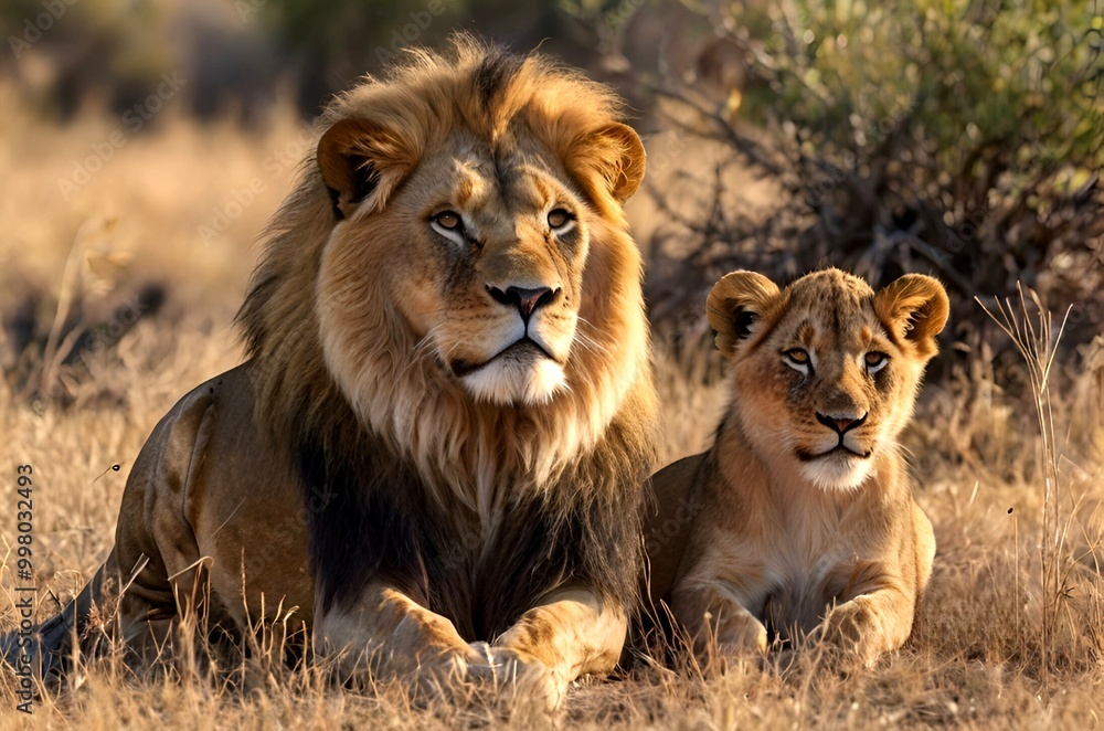 Young lion cub with a big and beautiful lion father in the jungle Young lion cub with a big and beautiful lion father in the jungle