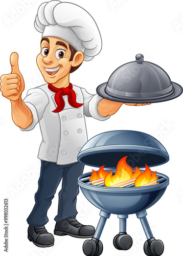 A chef cartoon barbecue cook out brazier BBQ man giving thumbs up and holding a platter plate with cloche mascot character illustration