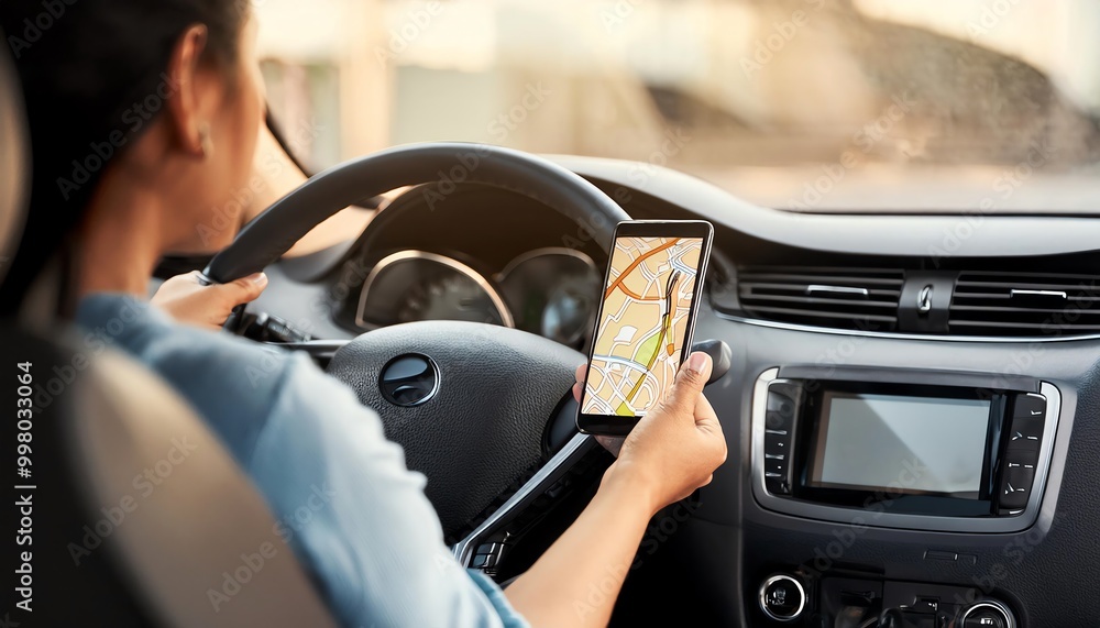 Naklejka premium A person driving a car while using a smartphone for navigation, showcasing modern travel methods and multitasking on the road.
