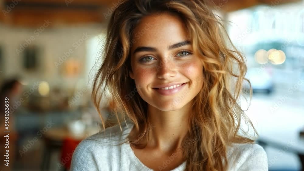 custom made wallpaper toronto digitalA young woman with wavy hair smiles brightly while standing in a cafe filled with natural light and a welcoming vibe, creating a friendly atmosphere.