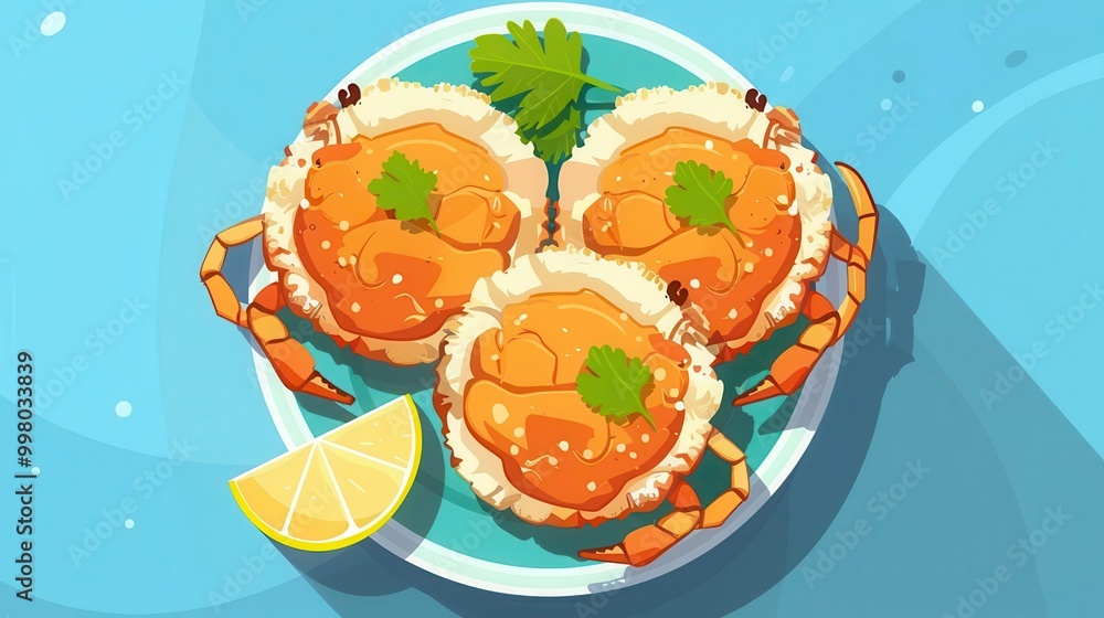 40 American crab cakes flat design bird's-eye view seafood theme cartoon drawing Split-complementary color scheme 40 American crab cakes flat design bird's-eye view seafood theme cartoon drawing Split-complementary color scheme
