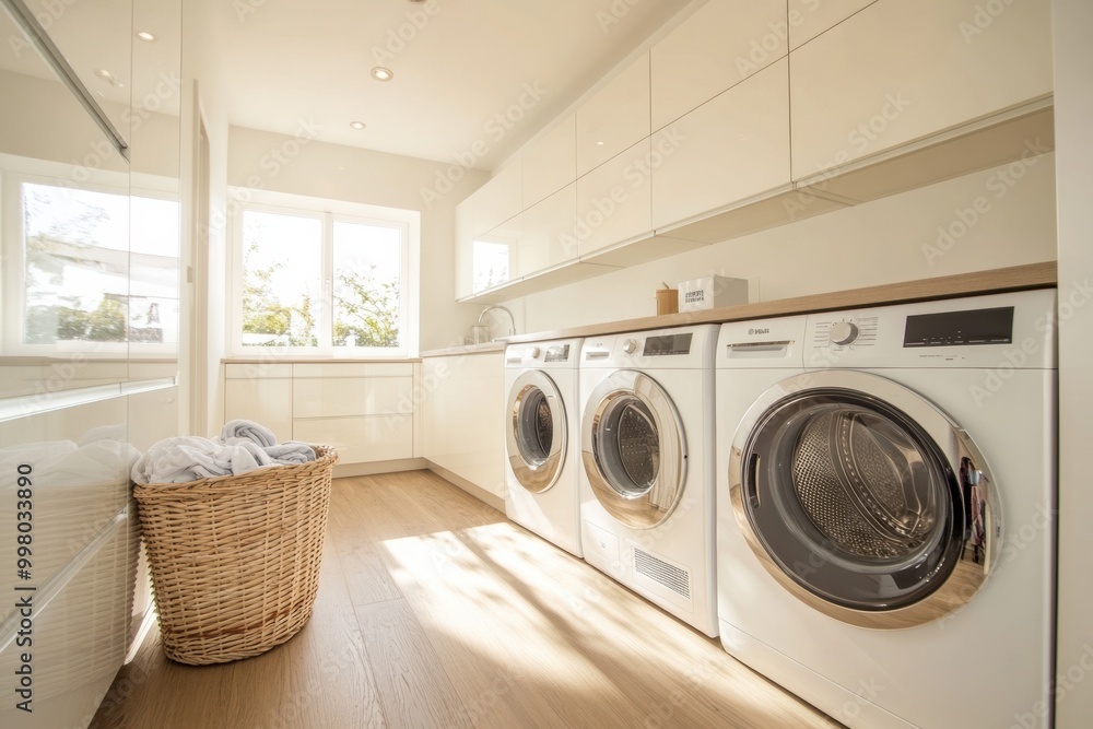 This laundry room showcases built-in washing and drying machines, complemented by sleek white cabinets and a basket of clothes nearby. Generative AI This laundry room showcases built-in washing and drying machines, complemented by sleek white cabinets and a basket of clothes nearby. Generative AI