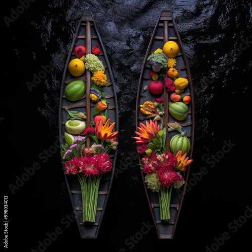 Floral and Fruit Arrangement in Two Wooden Boats photo