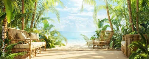 Home office with a tropical resort theme, featuring bamboo furniture, a sand floor, and a backdrop of lush palms and clear blue skies Relaxing and sunny photo