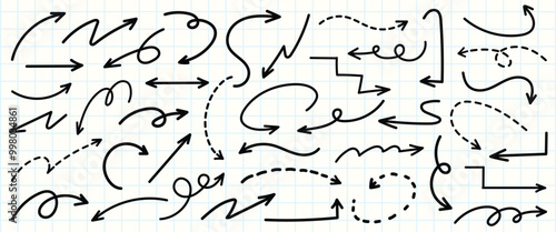 Set of simple lines hand drawn black arrows in various style. Set of simple of hand drawn black arrows. Set of simple lines hand drawn black arrows. Various of simple lines arrows collection