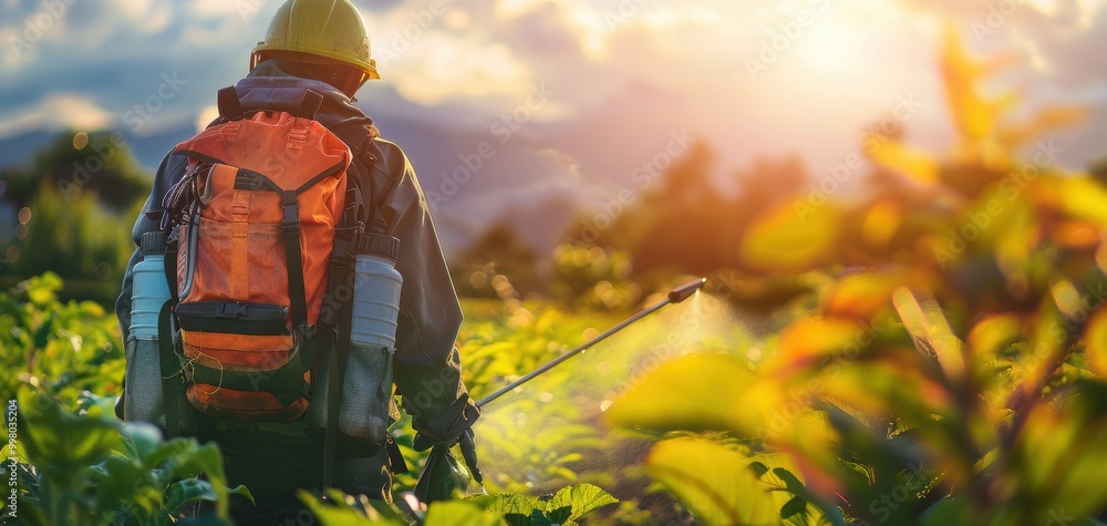 Farmer spraying crops under sunset, attentive to the environment, showcasing sustainable agriculture practices. Farmer spraying crops under sunset, attentive to the environment, showcasing sustainable agriculture practices.