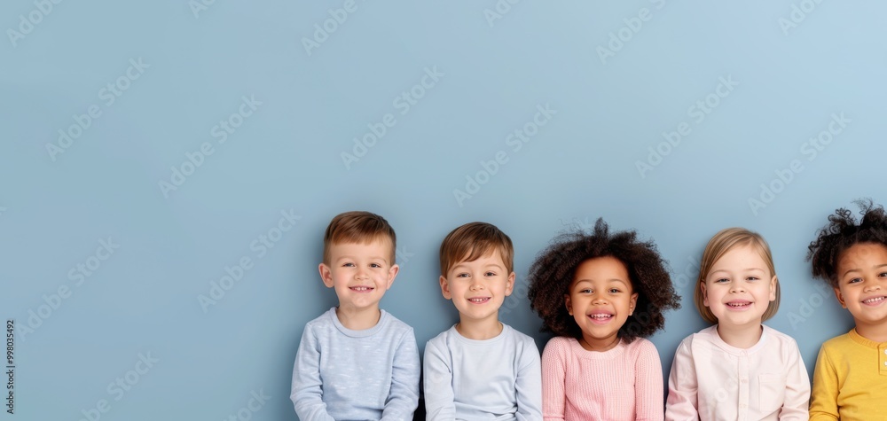 Cheerful children smiling together in front of a blue wall, showcasing diversity and friendship in a bright and playful atmosphere. Cheerful children smiling together in front of a blue wall, showcasing diversity and friendship in a bright and playful atmosphere.