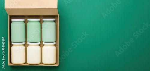 Aesthetic packaging of colorful glass bottles arranged neatly in a box, perfect for promoting healthy beverages or snacks. photo