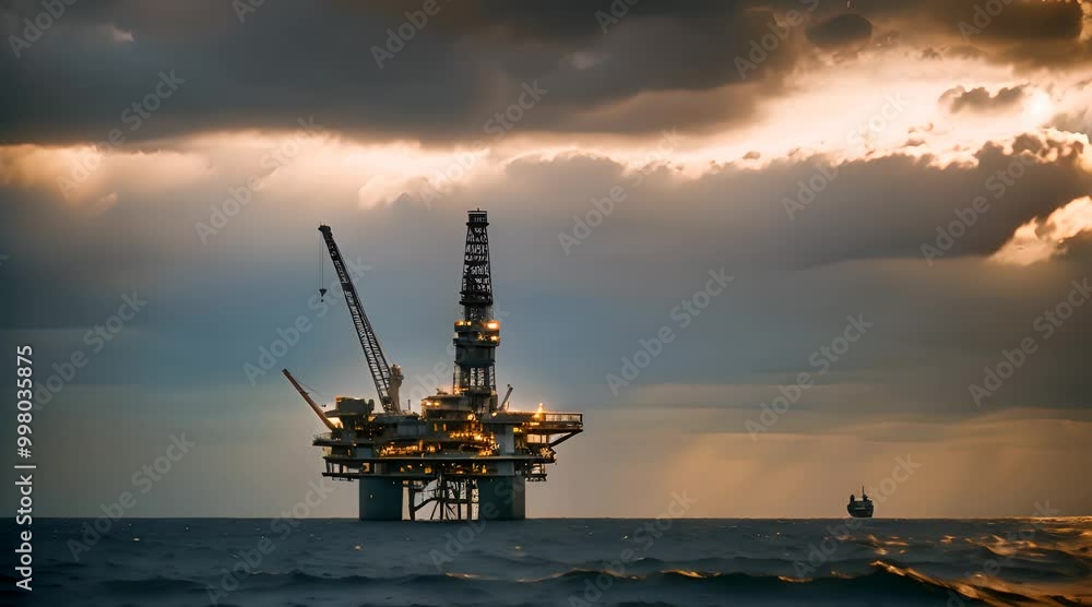 Aerial View of Offshore Oil Rig During Sunset Over Ocean Aerial View of Offshore Oil Rig During Sunset Over Ocean