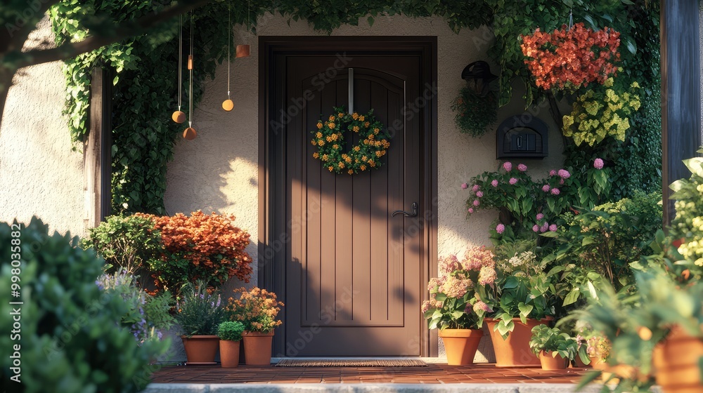 A soft, warm-toned front door scene, with detailed wind chimes and vibrant plants decorating the porch, making the space feel cozy A soft, warm-toned front door scene, with detailed wind chimes and vibrant plants decorating the porch, making the space feel cozy