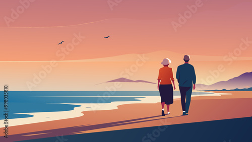Senior Couple Enjoying Sunset Walk on Beach Illustration
