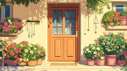 A visual novel-style front door illustration, ajar and surrounded by hanging flowers, potted plants, and wind chimes, creating a cozy, natural setting