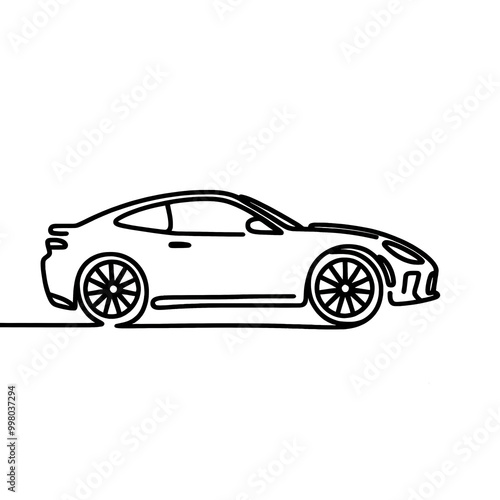 Simple illustration of a car drawn with a continuous black line on a white background, minimalist and modern design, ideal for automotive or transport-related projects.