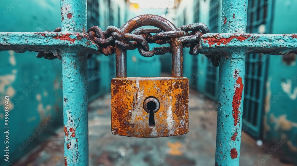 Rusty padlock and chain securing a blue metal gate. Rusty padlock and chain securing a blue metal gate.