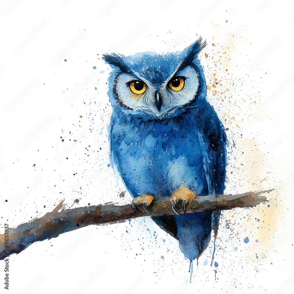Fototapeta premium Watercolor painting of a fluffy owl perched on a branch, on isolated white background