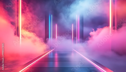 Neon Lights and Smoke in a Dark Corridor