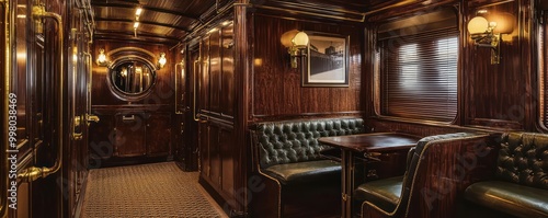 Wallpaper Mural Home office with a vintage train compartment theme, including dark wood paneling, brass fixtures, and leather seats Quaint and nostalgic Torontodigital.ca