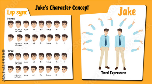Tired male employee cartoon character AKA Jake, men wearing an office uniform. Tired face expressions and lip sync. Set of male cartoon with various hand gesture and front and 1/3 standing pose.
