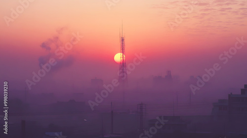 Sunset Over Cityscape with Air Pollution Effects