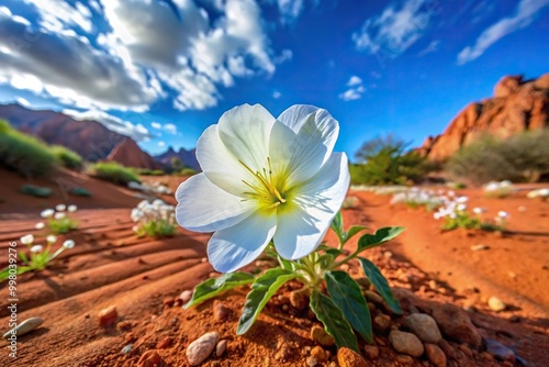 Fisheye view of White Evening Primrose flower in Sedona Red Sandy Soil photo