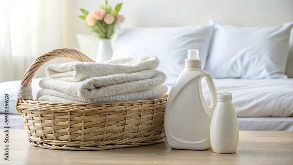 Fisheye washing gel liquid laundry detergent and fabric softener basket with Peshtemal towel on white bed linen with copy space Fisheye washing gel liquid laundry detergent and fabric softener basket with Peshtemal towel on white bed linen with copy space