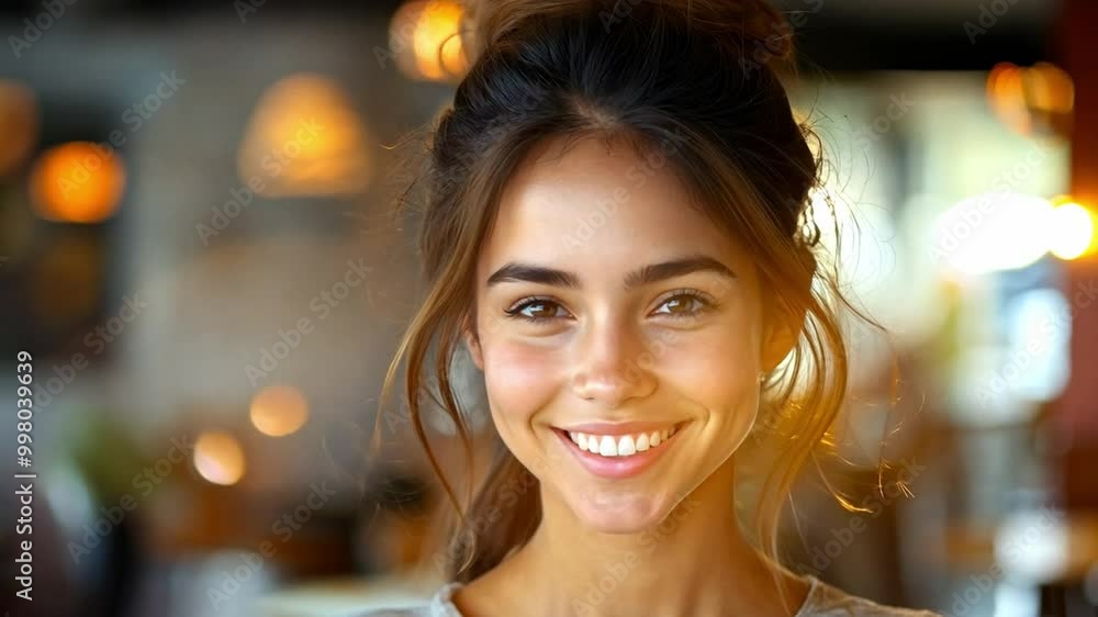 A young woman beams with joy while standing in a charming eatery filled with inviting light. The atmosphere feels relaxed and welcoming. A young woman beams with joy while standing in a charming eatery filled with inviting light. The atmosphere feels relaxed and welcoming.