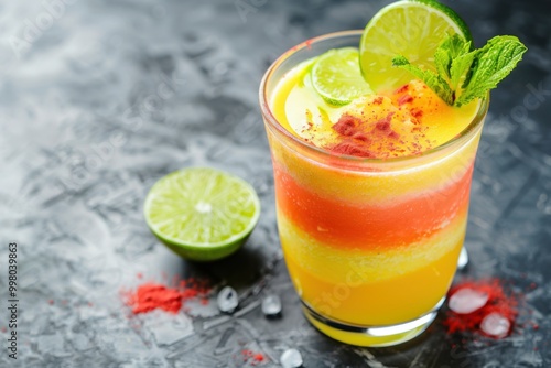 Protein Shake Tequila Sunrise with Protein Powder and Lime in Stylish Glass for Fitness Celebration