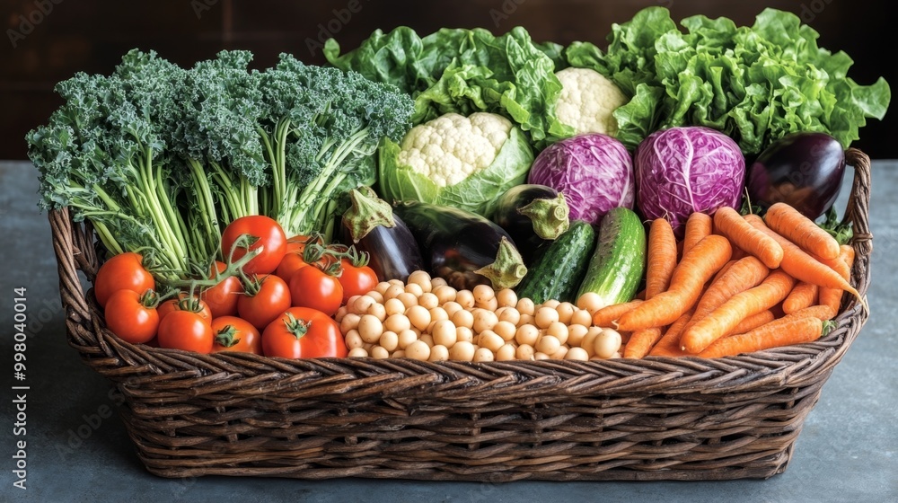 Assorted fresh vegetables in a wicker basket. Basket with a variety of appetizing vegetables Assorted fresh vegetables in a wicker basket. Basket with a variety of appetizing vegetables