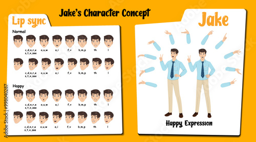 Happy male employee cartoon character AKA Jake, men wearing an office uniform. Happy face expressions and lip sync. Set of male cartoon with various hand gesture and front and 1/3 standing pose.