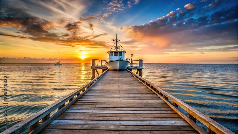 Fototapeta premium Fishing boat approaching wooden pier in the late afternoon